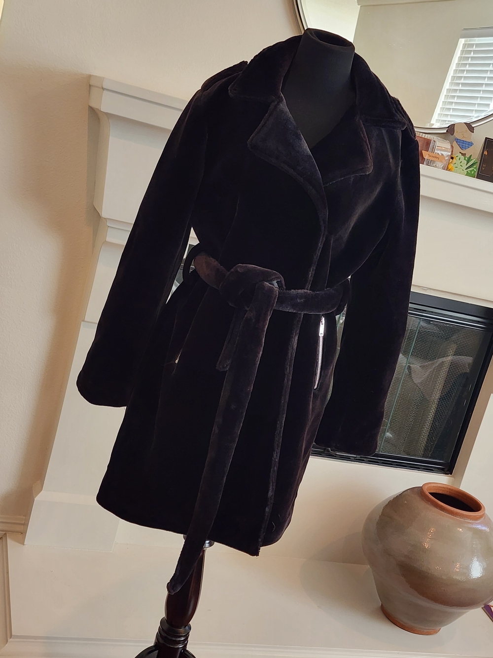 Esley Black Faux-Fur Belted Trench Coat